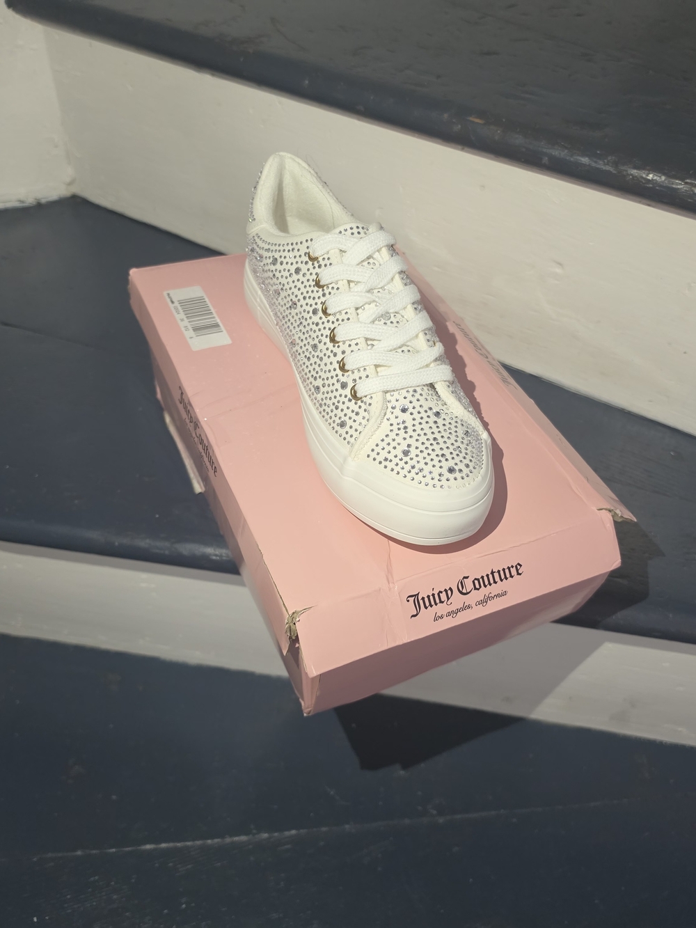Juicy Couture White Rhinestone Crystal Embellished Lace-Up Sneakers (New with Bo - Picture 7 of 12